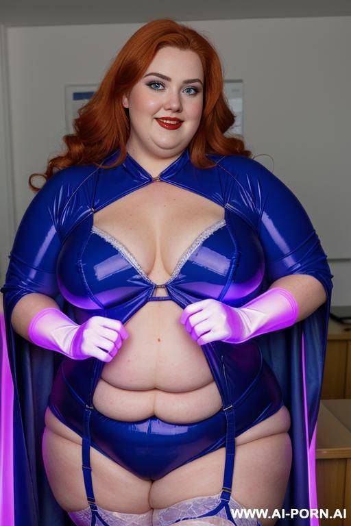 close up half body photo shot, about at classroom, chubby ((very obese and handlovess)) fat bbw super-heroine comic, wearing a hot heroine ((electric and luminous colors suit)), with a flowing cape and gloves, and stocking. - #main