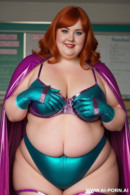 close up half body photo shot, about at classroom, chubby ((obese and handlovess)) fat bbw super-heroine comic, wearing a hot heroine ((electric and sparkling colors suit)), with a flowing cape and gloves, and stocking. - #main