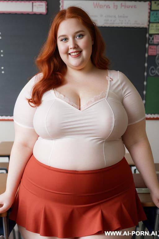 close up half body photo shot, about at classroom, chubby very ((very obese with lovehandless)) redhead fat bbw curvy teacher, wearing a sexy and hot micro red ruffle skirt, and elegant top, teaching to the classroom. - #main