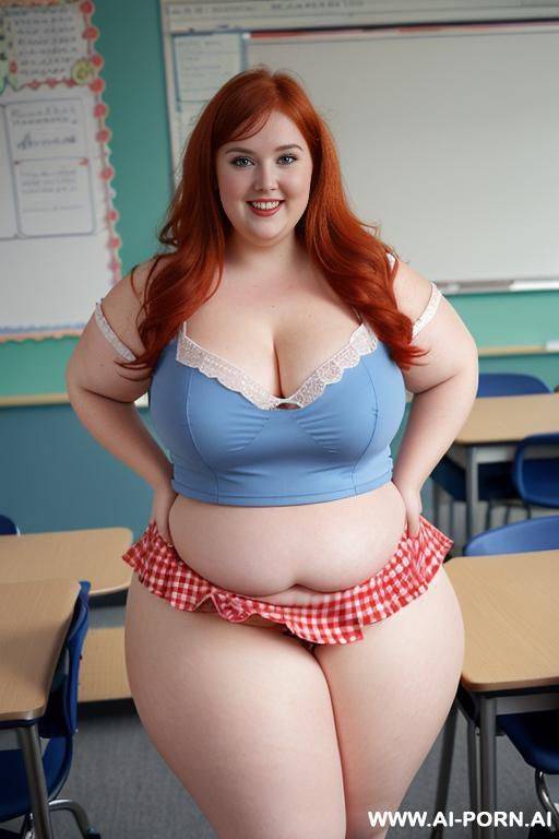 close up full body photo shot, about at classroom, chubby very ((very obese with lovehandless)) redhead fat bbw curvy teacher, wearing a sexy and hot micro red ruffle skirt, and elegant top, teaching to the classroom. - #main