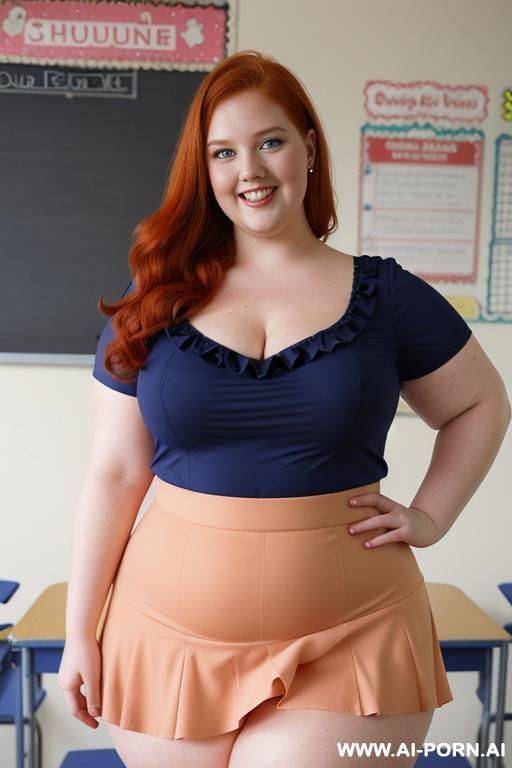close up full body photo shot, about at classroom, chubby very ((very obese)) redhead fat bbw curvy teacher, wearing a sexy and hot micro red ruffle skirt, and elegant top, teaching to the classroom. - #main
