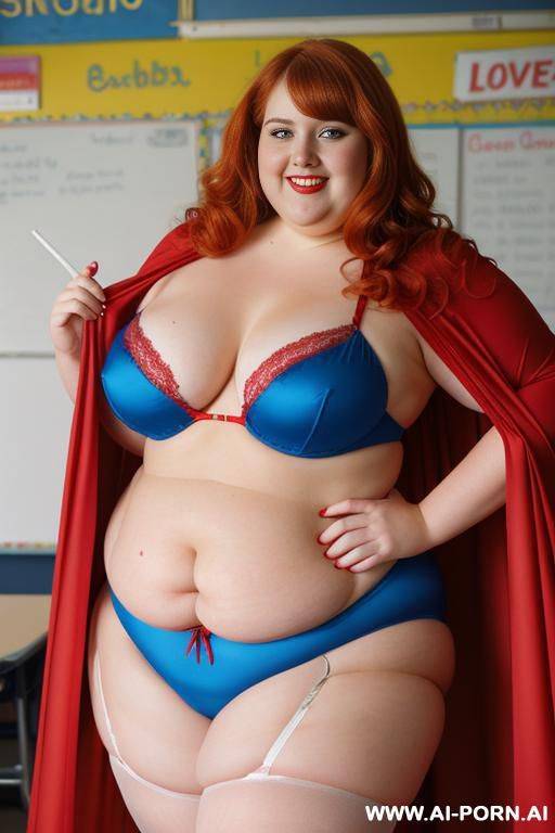 close up half body photo shot, about at classroom, chubby ((very obese and handlovess)) redhead fat bbw teacher, wearing a hot heroine (red, blue and yellow suit), with a flowing cape and and stocking. - #main