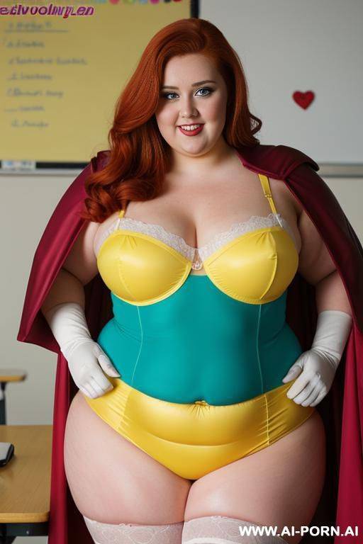 close up half body photo shot, about at classroom, chubby ((very obese and handlovess)) redhead fat bbw super-heroine comic, wearing a hot heroine (energy yellows colors suit), with a flowing cape and gloves, and stocking. - #main