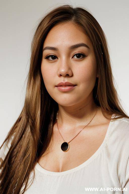 (((face closeup))), (((fat face))), (((round face))), (((extremely long hair))), looking at viewer, ((front facing)), (((headshot))), front view, a chubby shorty filipina milf is modeling in a studio. - #main