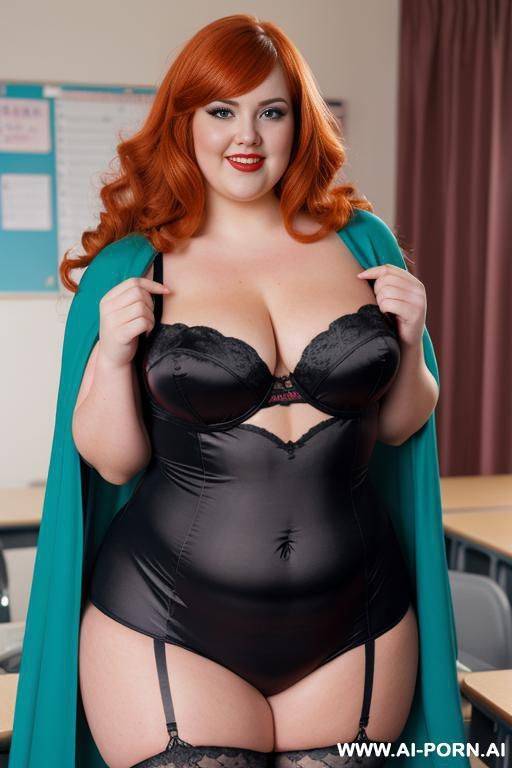 close up half body photo shot, about at classroom, chubby ((obese and handlovess)) fat bbw super-heroine comic, wearing a hot heroine ((electric and passionate colors suit)), with a flowing cape and gloves, and stocking. - #main
