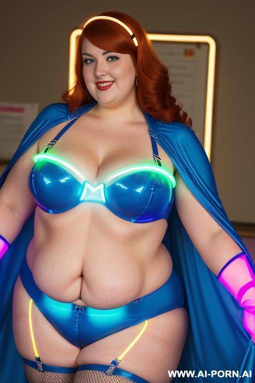 close up half body photo shot, about at classroom, chubby ((very obese and handlovess)) fat bbw super-heroine comic, wearing a hot heroine (((electric and luminous colors suit))), with a flowing cape and gloves, and stocking. - #main