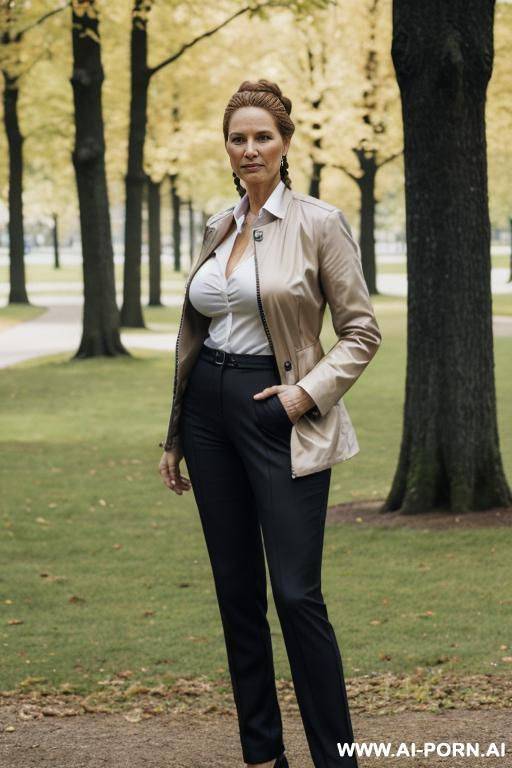 slender woman standing in park, pants, shirt, jacket - #main
