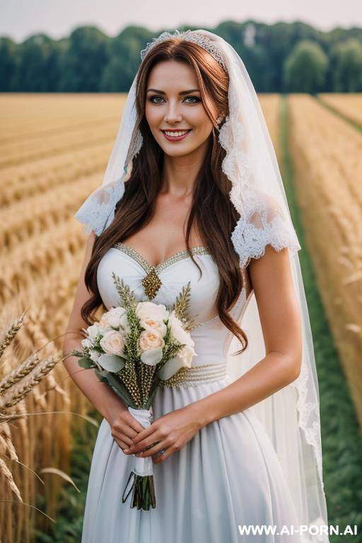 slavic traditional dress, very beautiful 2 female, long one bride brown hair, wheat field, blue eyes, smile, full dressed, - #main