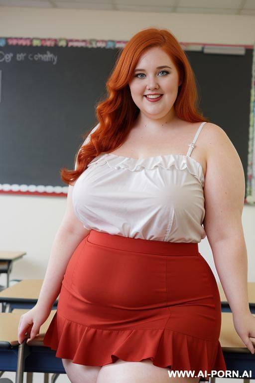close up full body photo shot, about at classroom, chubby very ((very obese)) redhead fat bbw curvy teacher, wearing a sexy and hot micro red ruffle skirt, and elegant top, teaching to the classroom. - #main