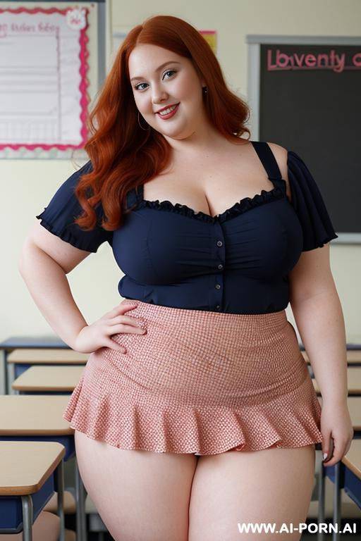 close up full body photo shot, about at classroom, chubby very ((very obese with lovehandless)) redhead fat bbw curvy teacher, wearing a sexy and hot micro red ruffle skirt, and elegant top, teaching to the classroom. - #main