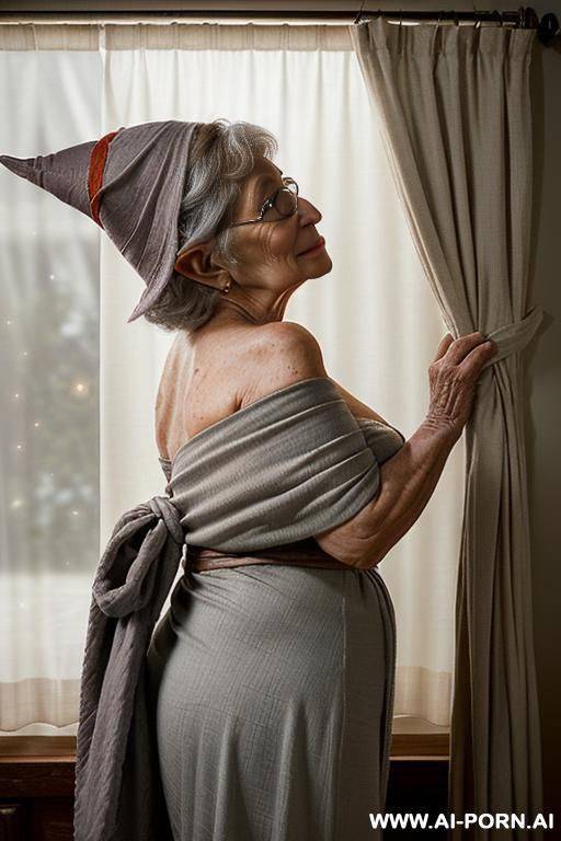 amateur suburban elderly grandma ((softly built with a natural fullness!)). she is (semi-upright in bed!) (legs stretched out under the blanket!) ((supported by pillows behind her back!)) - #main