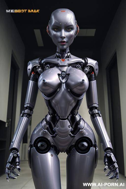 (((scared robot woman totally naked))), ((looking at the camera)), ((eyes contact)), full body view, ((massive hips)), huge curves, huge cleavage, legs open, (pussy visible), ((no panties)) - #main