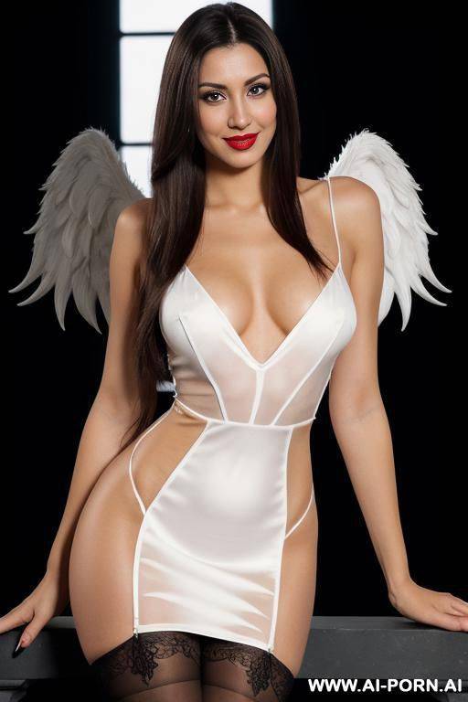 very real gorgeous cacked woman, very long hair, white skin , voluptuous lady, light background, mild lipstick, touch her breasts , wearing sexy dark purple v-neck low-cut lace split con dress, - #main