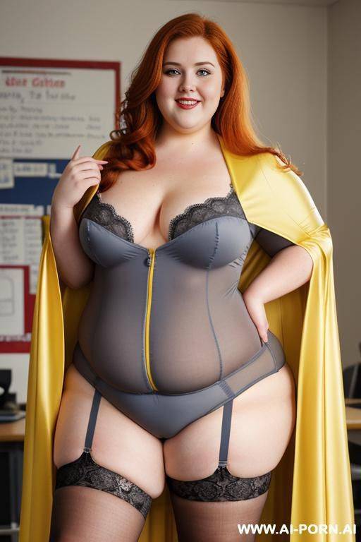 close up half body photo shot, about at classroom, chubby ((very obese and handlovess)) redhead fat bbw teacher, wearing a hot heroine (light, gray and yellow suit), with a flowing cape and and stocking. - #main