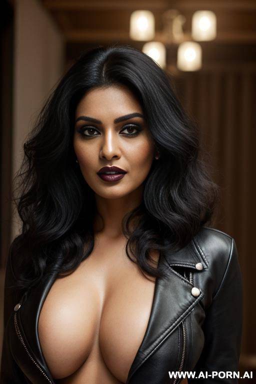 very close from below, friendly expression, a stunning, curvy indian woman with long dark hair and bold makeup, wearing a black leather jacket over a revealing blouse. she has a confident, - #main