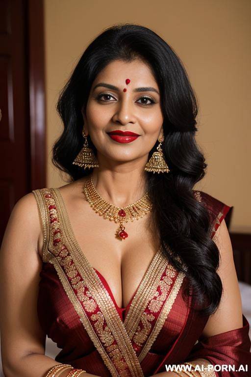 a beautiful mature indian woman wearing a deep red silk saree with a golden border, d in a seductive way. her tight blouse reveals her ample cleavage, and she wears traditional gold jewelry, - #main