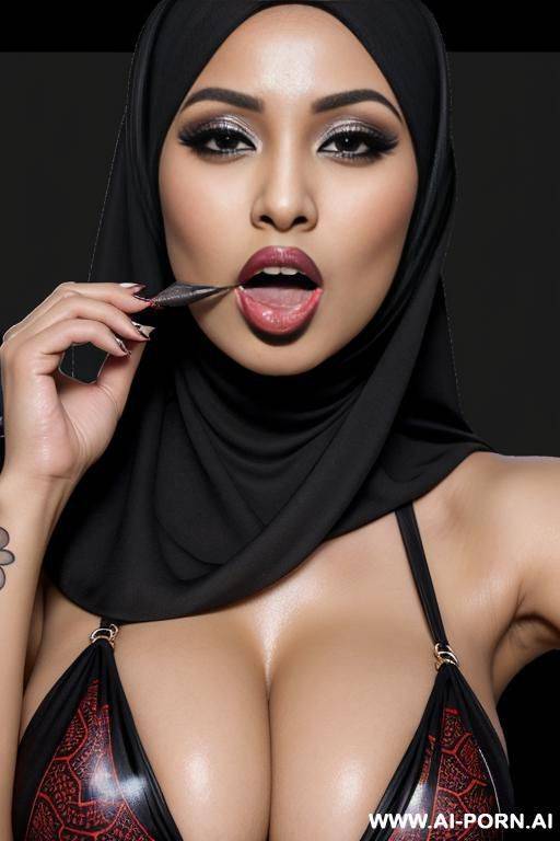 hijab, ahegao face, queen of spades pattern bikini, bursting cleavage, african monster cocks, double penetration, queen of spades tattoo, smeared makeup, tongue out - #main