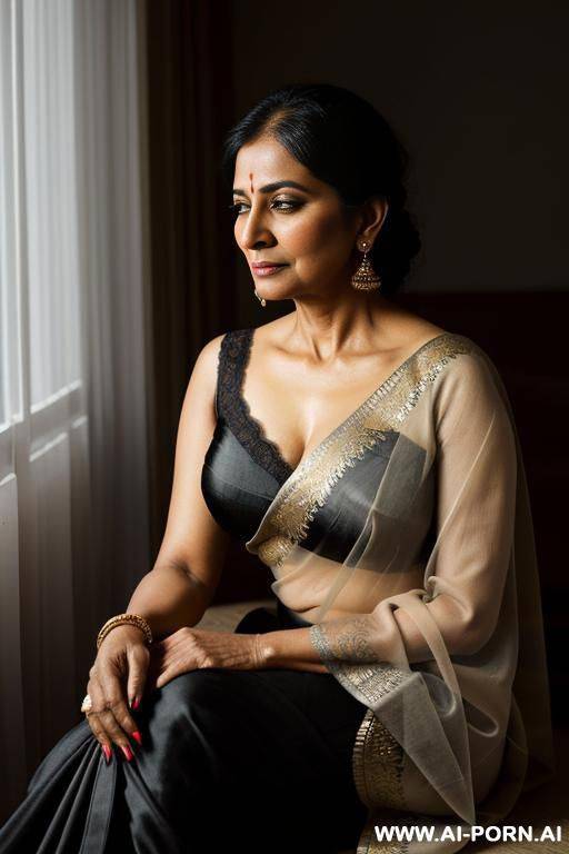 a graceful mature indian woman in a black saree, sitting by the window as rain falls outside. her expression is serene, holding a worn poetry book in one hand. the lighting is soft, golden - #main