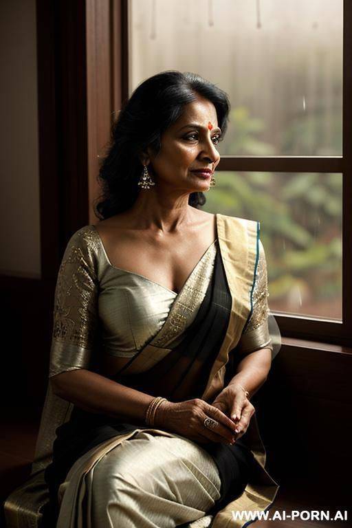a graceful older indian woman in a black saree, sitting by the window as rain falls outside. her expression is serene, holding a worn poetry book in one hand. the lighting is soft, golden - #main