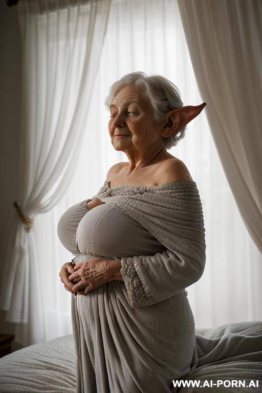 amateur suburban elderly grandma ((softly built with a natural fullness!)). she is sleeping (lying! comfortably in bed!) (legs stretched out under the blanket!) ((supported by pillows behind her - #main