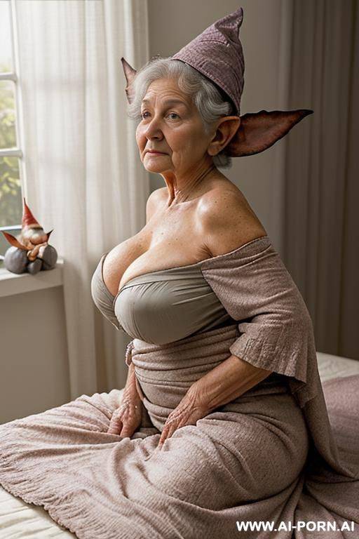 amateur suburban elderly grandma ((softly built with a natural fullness!)). she is (lying comfortably in bed!) (legs stretched out under the blanket!) ((supported by pillows behind her back!)) - #main