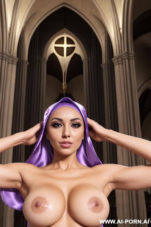 woman wearing satin hijab showing tits.showing both clean armpits.has a tanned body. - #main
