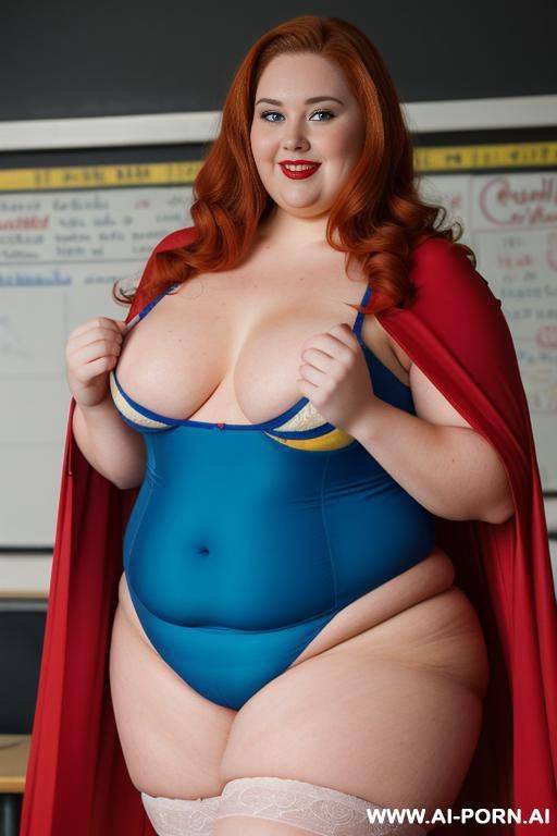 close up half body photo shot, about at classroom, chubby ((very obese and handlovess)) redhead fat bbw teacher, wearing a hot heroine (red, blue and yellow suit), with a flowing cape and and stocking. - #main