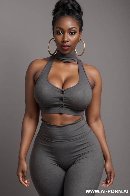 grey cotton turtelneck and leggings, round boobs, extremely pretty, full lips, button nose, eye contact, ahegao, hoop earrings, styled hair, tight waist, hourglass figure - #main