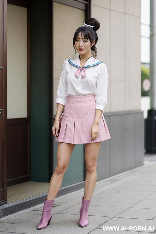 a japanese woman in agreen sailor-style outfit, a short green skirt, standing confidently with one leg raised and the other bent at the knee. she has long brown hair tied in a high ponytail - #main