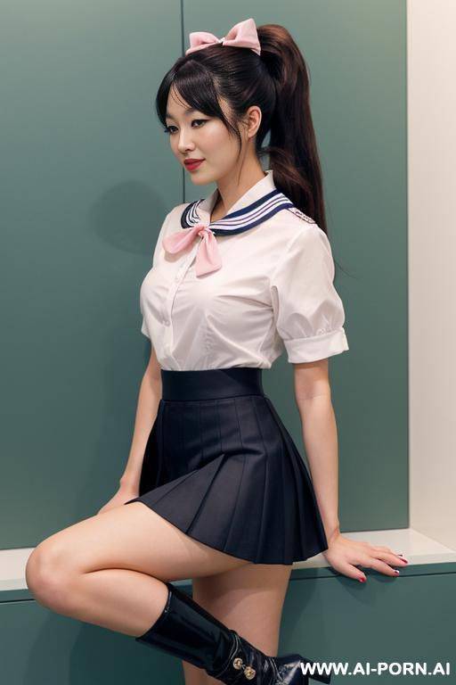 a japanese woman in a sailor-style outfit, standing confidently with one leg raised and the other bent at the knee. she has long brown hair tied in a high ponytail with a blue hair clip, - #main