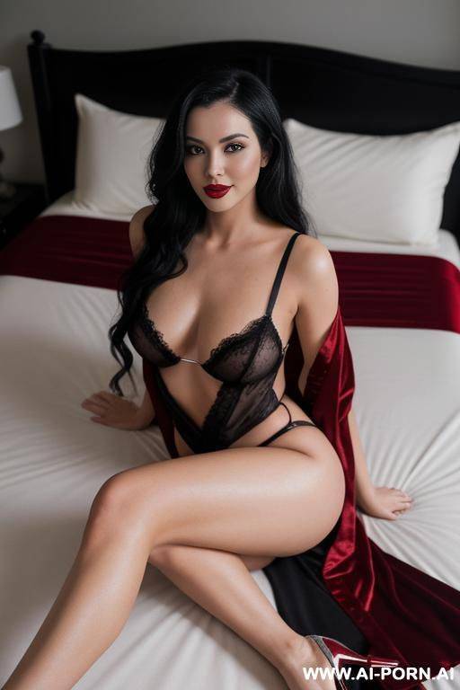 a woman in a seductive pose, sitting on a chair in the middle of the image. the woman, who appears to be in her late 20s, has long black hair and is wearing a red satin robe and - #main