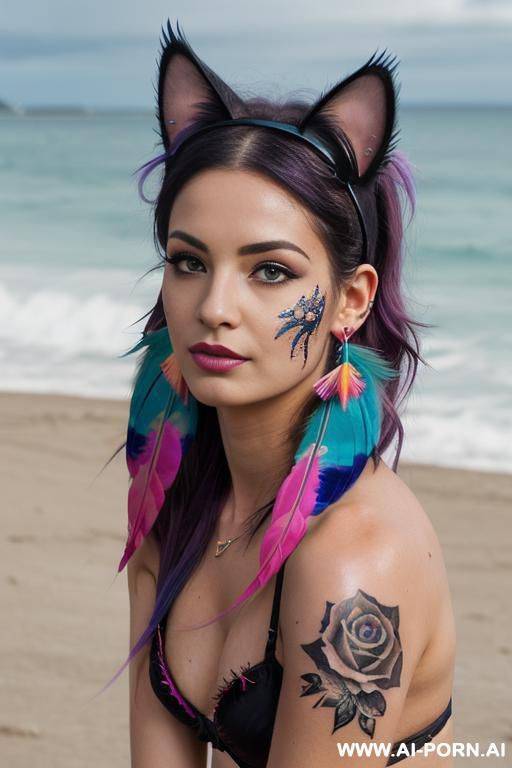 face, sexy, beautiful, ((face painting)), ((bikini as seashell)), ((tattoo roses)), ((eyes shw)), ((angel wings)), ((rainbow hair)), ((long bu hair)), ((wind)), (( cat face)), (( cat ears)), (((feather - #main