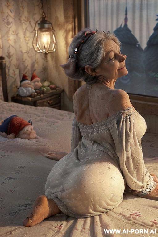 (scene features an amateur suburban elderly granny, and two realistic gnome men — approximately one-third the size of an adult human). ((very low-light! bedroom!) ((bedroom is dimly lit by a - #main