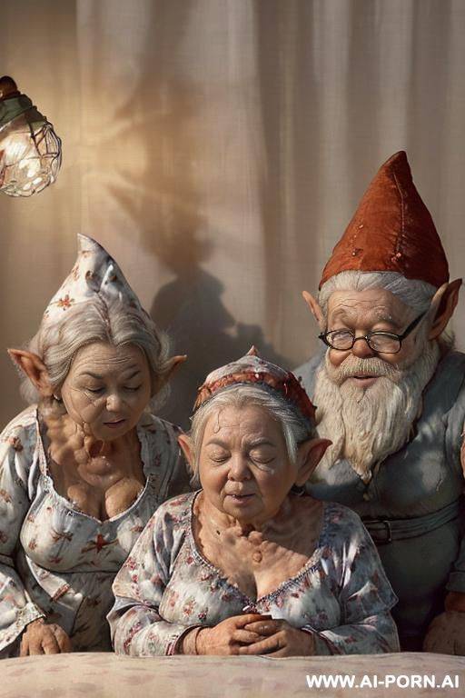 (scene features an amateur suburban elderly granny, and two! realistic elderly gnomes!). ((very low-light! bedroom!) ((bedroom is dimly lit by a very low! ambient bedside lamp!)), ((casting a soft - #main