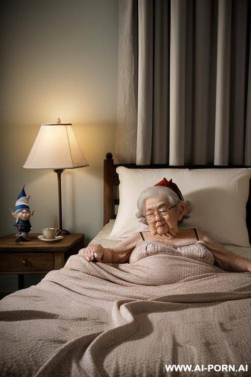 the scene shows an amateur modest suburban elderly granny, and two realistic elderly gnomes. ((very low-light bedroom)) ((bedroom is dimly lit by a very low ambient bedside lamp)), ((casting a - #main