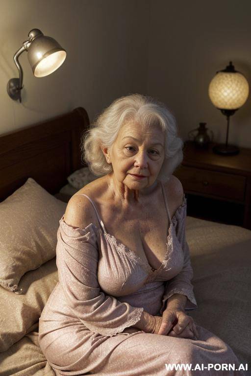 scene features a modest amateur suburban elderly granny, and two realistic elderly gnome-men. ((very low-light bedroom)) ((the room is dimly lit by a very low ambient bedside lamp)), ((casting a - #main