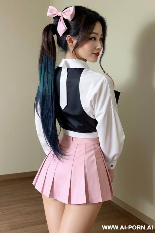 a japanese woman in a sailor-style outfit, standing confidently with one leg raised and the other bent at the knee. she has long brown hair tied in a high ponytail with a blue hair clip, - #main