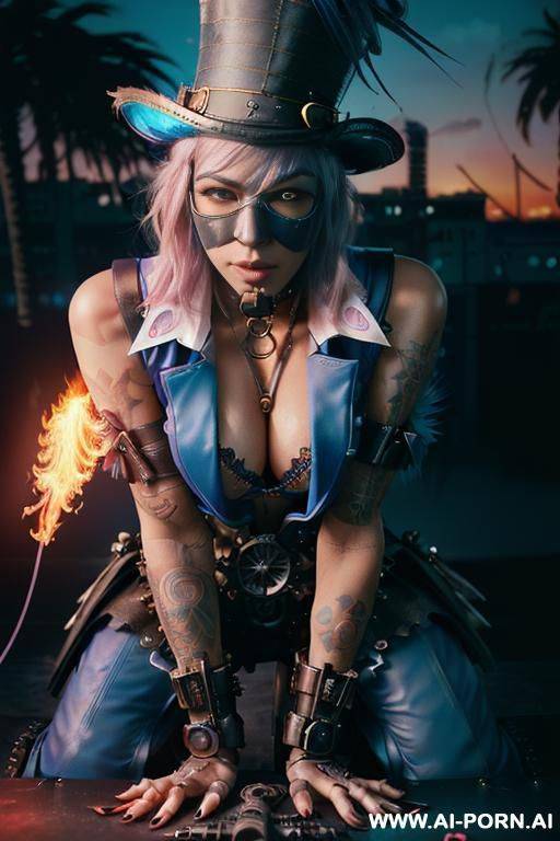 ((((masterpiece)))), (((woman sitting))), (glowing red eyes), (long blue purple and white hair with a flower), ((crop top white collar shirt with red tie)), ((((flaming angel wing)))), ((navy formal - #main