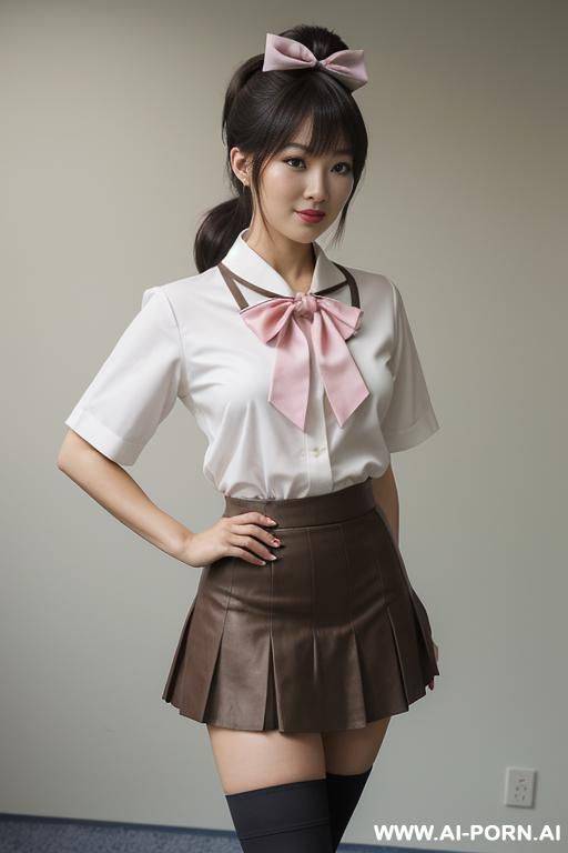 a japanese woman in agreen sailor-style outfit, a short green skirt, standing confidently with one leg raised and the other bent at the knee. she has long brown hair tied in a high ponytail - #main