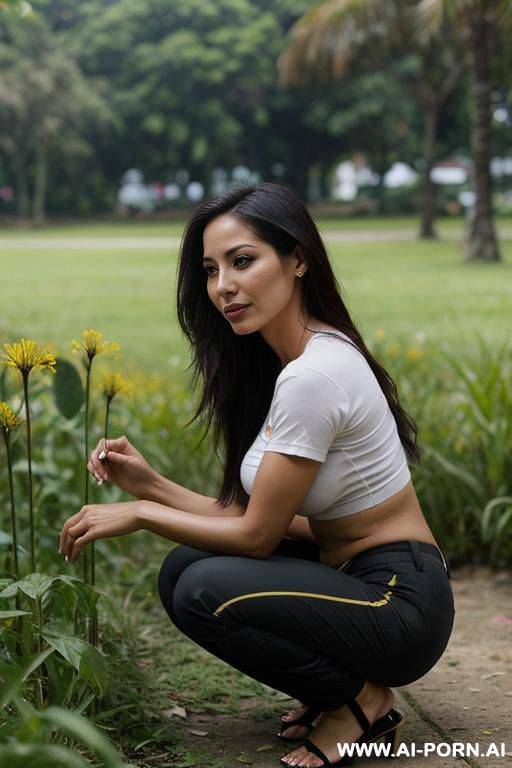side-view, colombian woman shirt, pants, in her 20s, squatting in park behind weeds, - #main