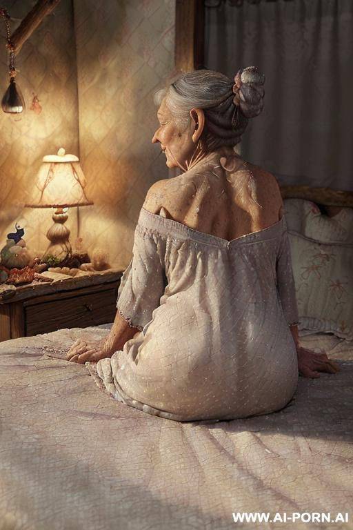 (scene features an amateur suburban elderly granny, and two! realistic gnomes-elderly-male!). ((very low-light! bedroom!) ((bedroom is dimly lit by a very-low! ambient bedside lamp!)), ((casting a soft - #main