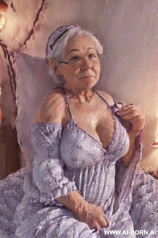 (scene features an amateur suburban elderly granny, and two realistic gnome men — approximately one-third the size of an adult human). ((very low-light! bedroom!) ((bedroom is dimly lit by a - #main