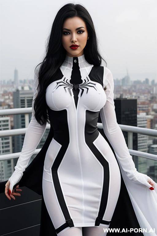 beutifull and fit women in black and white (mostly white) super-hero dress inspired by spider. on dress are red lines that looks like spider-web. wide hips. she is on skyscr rooftop. dress is wuite see-through. - #main