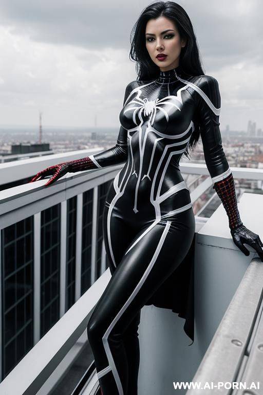 beutifull and fit women in black and white (mostly white) super-hero dress inspired by spider. on dress are red lines that looks like spider-web. wide hips. she is on skyscr rooftop. - #main