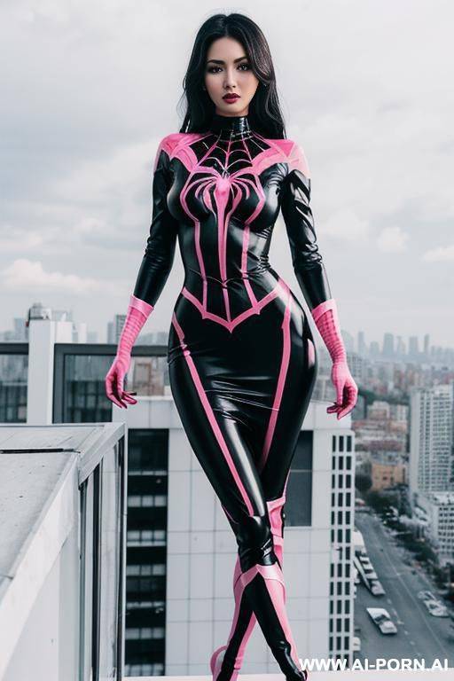 beutifull and fit women in black and white and pink (mostly white) super-hero dress inspired by spider. on dress are red lines that looks like spider-web. wide hips. she is on skyscr rooftop. - #main