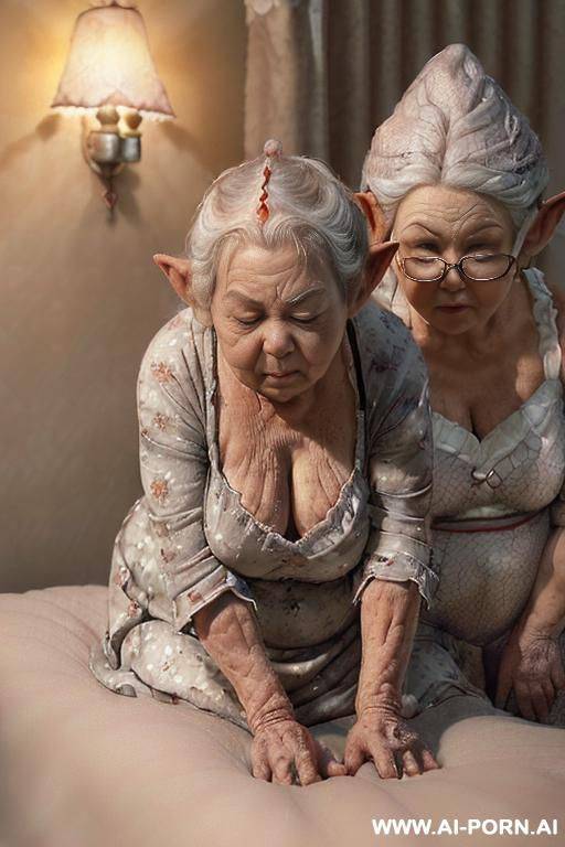 (scene features an amateur suburban elderly granny, and two! realistic elderly gnomes!). ((very !low-light! bedroom!) ((bedroom is dimly lit by a very low ambient bedside lamp!)), ((casting a soft - #main