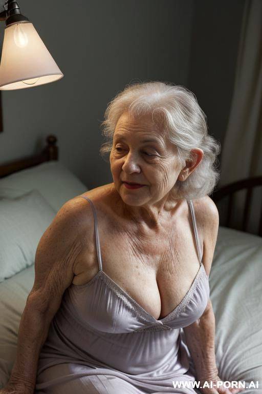 scene features a modest amateur suburban elderly granny, and two realistic elderly gnome-men. ((very low-light bedroom)) ((room is dimly lit by a only! very low ambient bedside lamp)), ((casting a - #main
