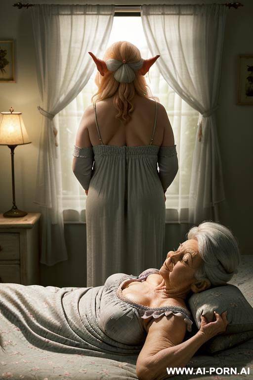the scene shows an amateur modest suburban elderly granny, and two realistic elderly gnomes. ((very low-light bedroom)) ((bedroom is dimly lit by a very low ambient bedside lamp)), ((casting a - #main