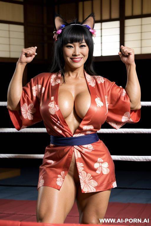 extremely muscular woman, polynesian milf, wedding ring, massive breasts, very sturdy body, fully naked, cat ears, more muscles, married - #main
