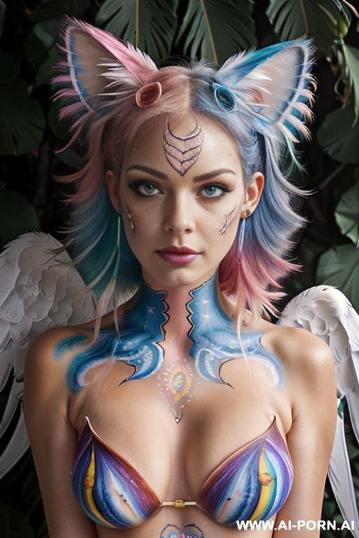 face, sexy, beautiful, ((face painting)), ((body painting)), ((bikini as seashell)), ((roses)), ((eyes shw)), ((angel wings)), ((rainbow hair)), ((glitter)), ((long bu hair)), ((heterochromia eyes)), ((wind)), - #main